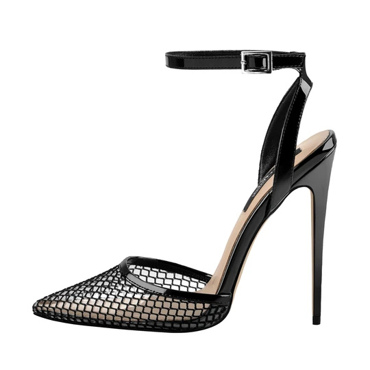 Custom black PVC Strappy Cover Mesh Hollow High Heels Sandals