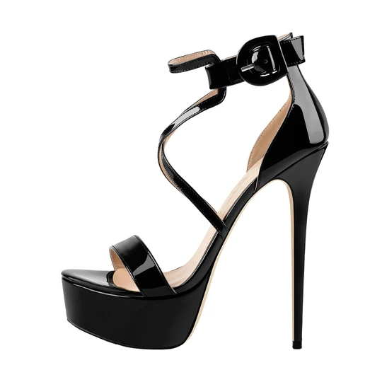 Factory making Strappy Sandals Flat - Black Metallic Luster Platform Cross-tied High Heel 16CM Stiletto Sandals – Xinzi Rain