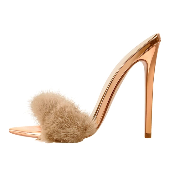 12cm Pembe Altın kürk Tüy Yüksek Topuk Stiletto Sandalet