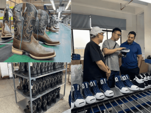 Shoe designer discussing custom men’s shoe sketches with a client at the factory.