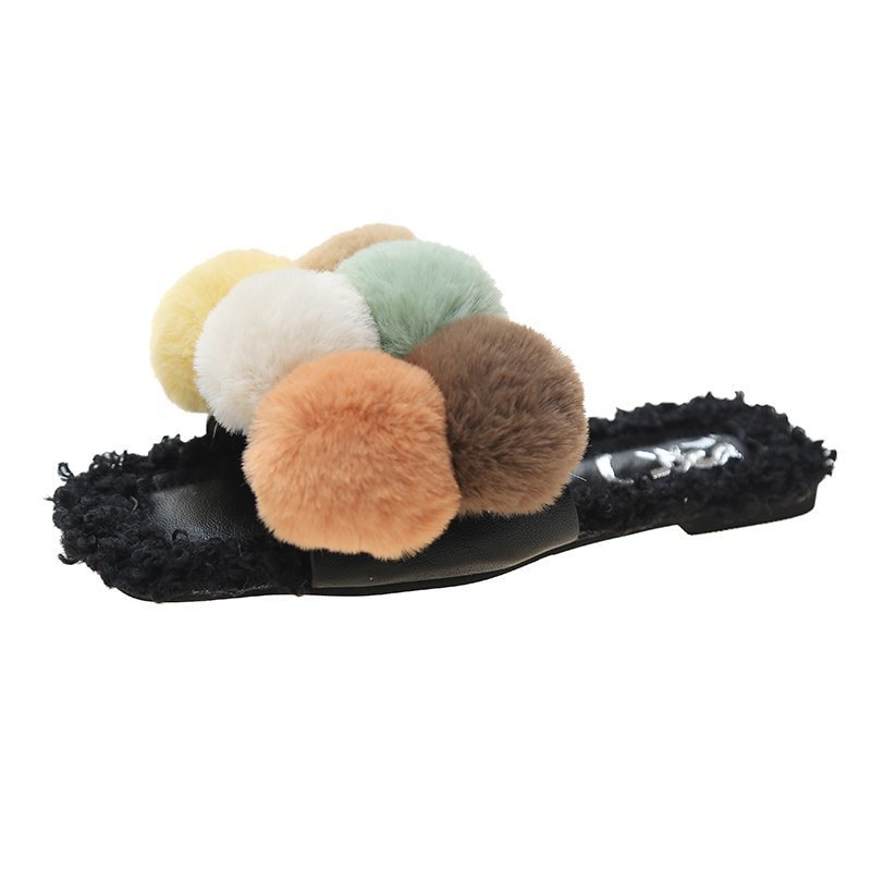 Coloured fur ball flat slippers