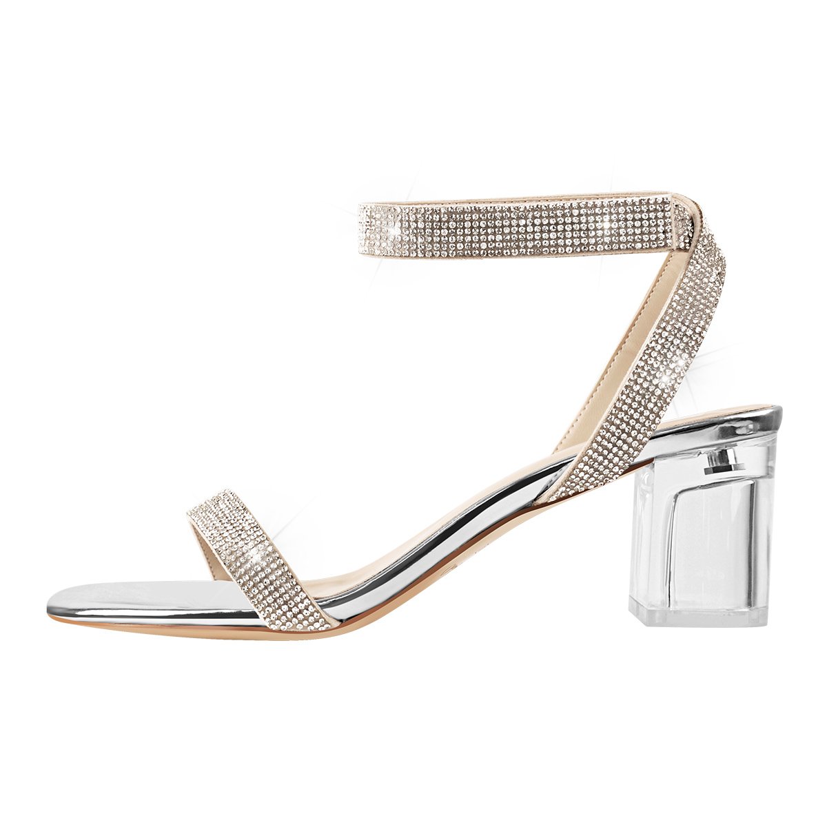 XINZIRAIN Custom Rhinestone Strap Clear Block Chunky Sandals