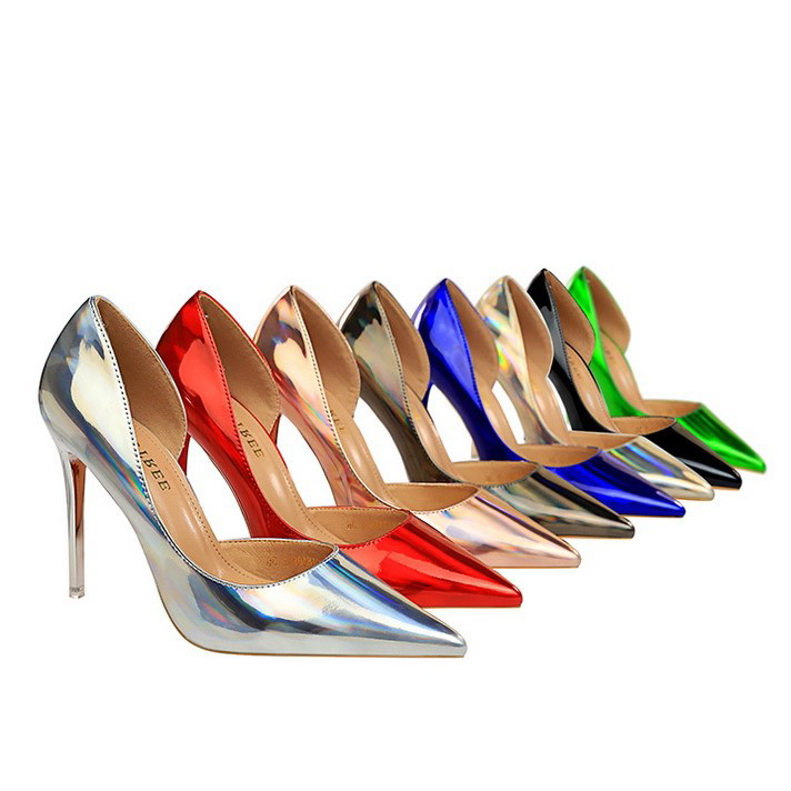 Cheap Price Retro European American Style Multi-culore PU High Heel Shoes Laser Pumps Women's