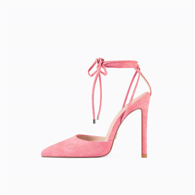 Sabates de taló alt personalitzades de camussa d'ovella negra rosa de color sòlid per a noies sexy, talons de taló enrere