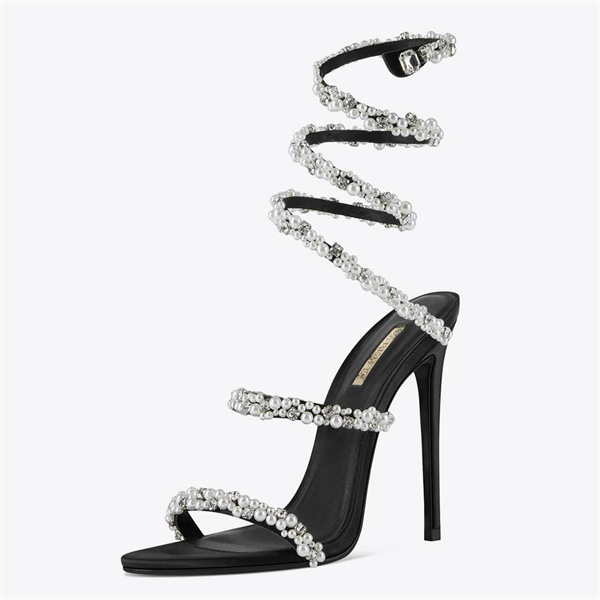 2022 Summer Nuove Sandali Peep-toe Calzature Nere Donna Tacchi Super Alti Sexy cù Diamante Perla / Loop di strass Intornu à a caviglia