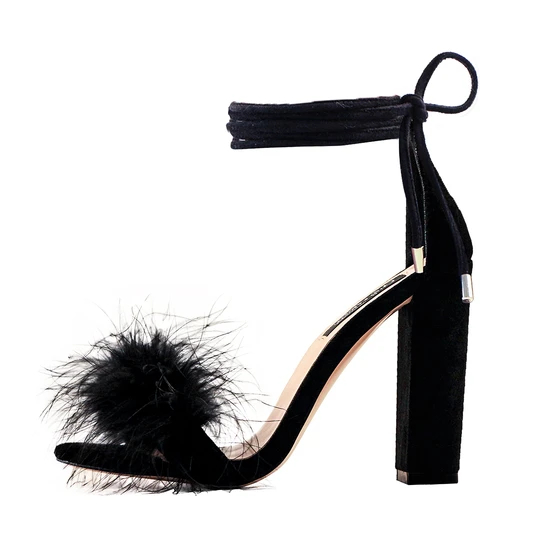 Fluffy Marabou Feather Gladiator Chunky High Heel Sandals