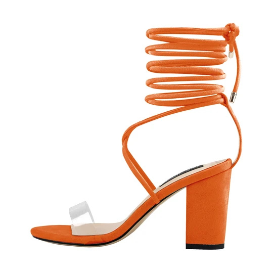 Clear Band Gladiator Chunky High Heel Orange Open Toe Lace Up Strappy Heeled Sandals අභිරුචි චන්කි කාන්තා විලුඹ සෙරෙප්පු