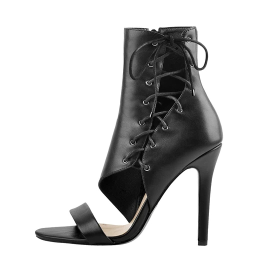 BlackLace Up Cutout отворен нос Чизми за глужд со ремен со висока потпетица