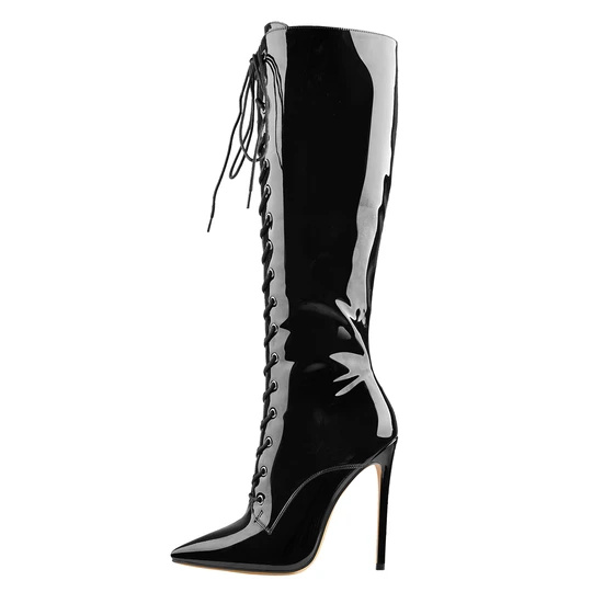 wholesale custom made Black Patent Leather Lace Up Pointed Toe Knee Boots High