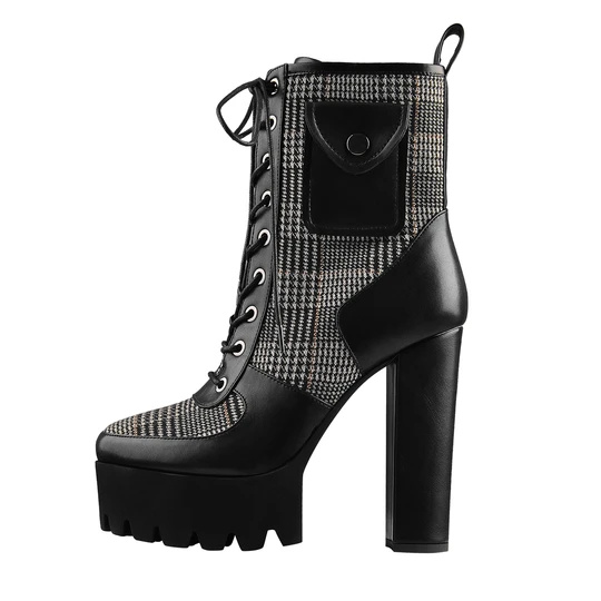 Black Platform Lace Up Chunky Heel Mid Ng'ombe Pocket Fashion Boots