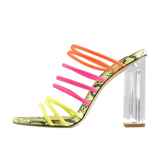 ຜິວໜັງງູ Fluorescent Elastic Multicolor Slip On Clear Square Heel Sandals