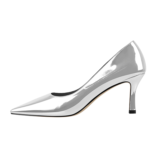 Logo persunalizatu per l'ingrossu di l'argentu è l'albicocca in pelle verniciata punta puntata Mid High Heel Stiletto Pumps