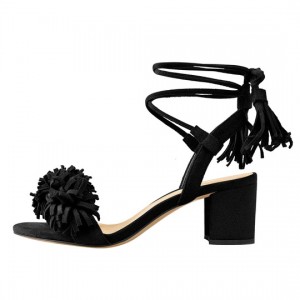 Qhib Toe Black Strap Chunky Heel Sandals