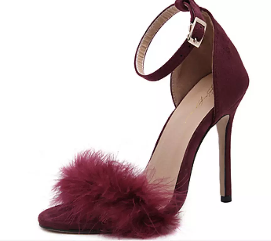 XINZIRAIN Custom Feather Stiletto High Heels Faux Fur Sandals