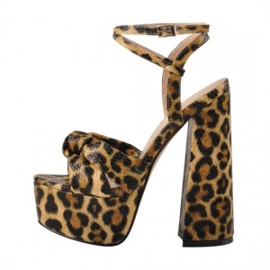 Platform Qhib Toe Leopard Sau Pob Tawb Strap Block Chunky Sandals