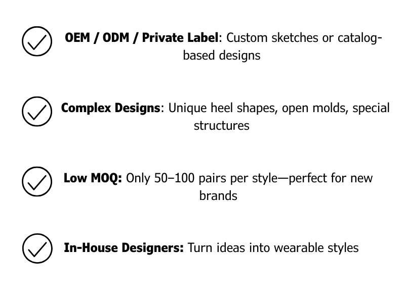 OEM/ODM/Private Label
Complex Designs
Low MOQ:
In-House Designers