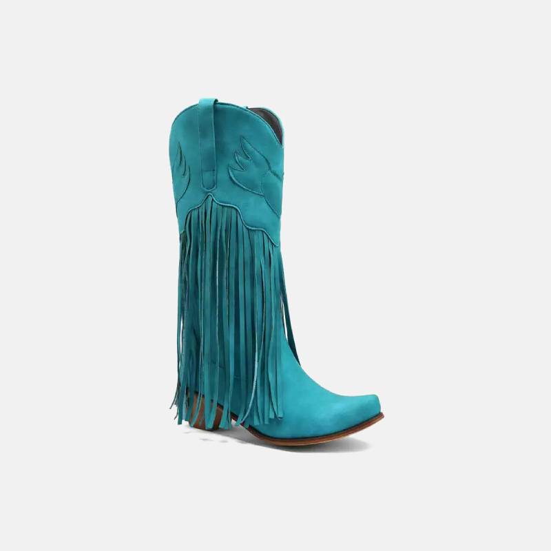 Suede Tawv Chunky Heel Mid Calf Tassel Western khau raj