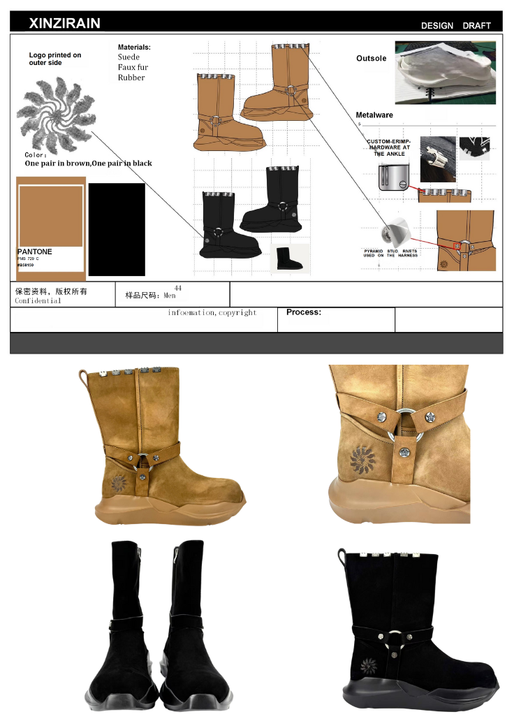 From design sketch to finished product — XINZIRAIN showcases its full manufacturing capability as a custom shoe manufacturer. The image displays the original technical design draft for suede and faux fur boots, including color swatches, outsole and hardware details, alongside the final brown and black finished boots, demonstrating precise realization of the initial concept