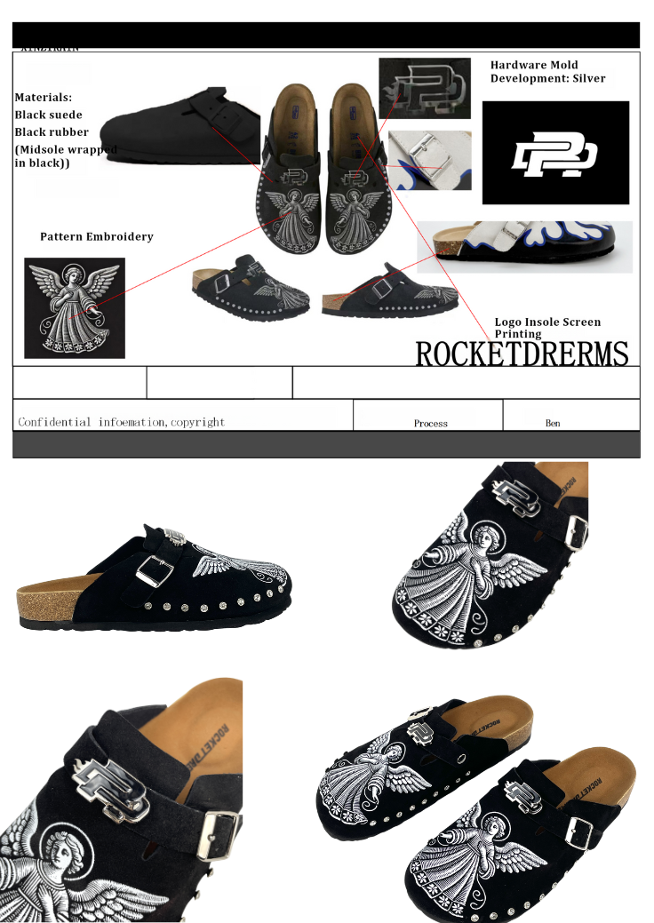 From design draft to finished black suede clogs — XINZIRAIN, a custom shoe manufacturer, showcases embroidered angel pattern, silver hardware mold, and precise detailing. The image presents the original technical sketch alongside the final clog shoes, demonstrating high-quality craftsmanship and design realization.