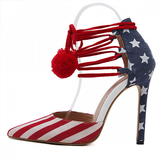 Custom Red Blue USA Flags Point Head Ankle Pom Stiletto High Heels Nkawm khau